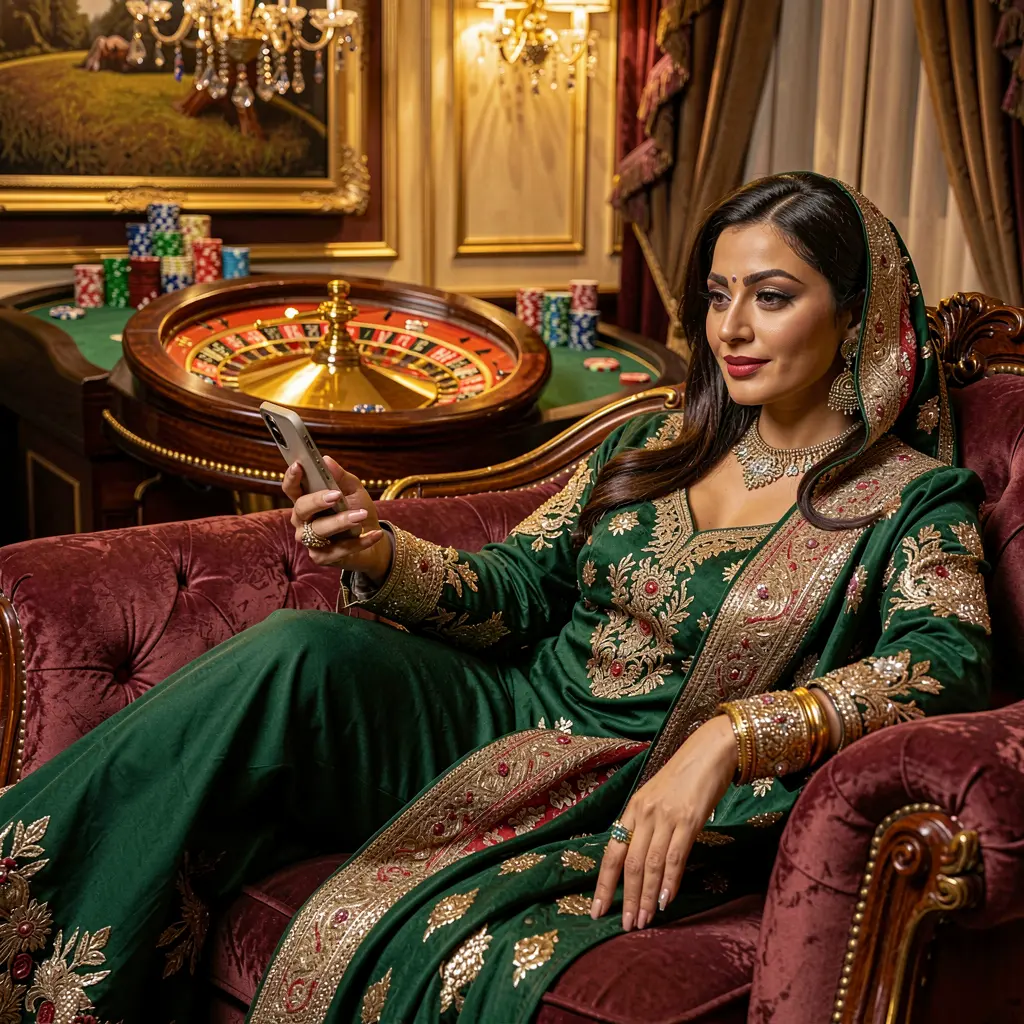 Stylish Pakistani woman using the Hl309 casino app on her phone while relaxing in a luxury gaming room with a glowing roulette wheel behind her