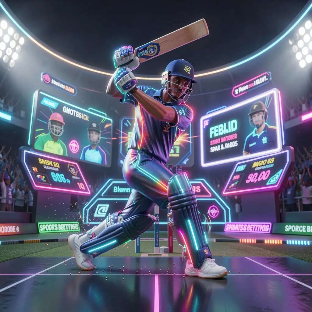 Futuristic neon cricket player in motion surrounded by digital effects representing fast and immersive sports betting action on HL309 Pakistan