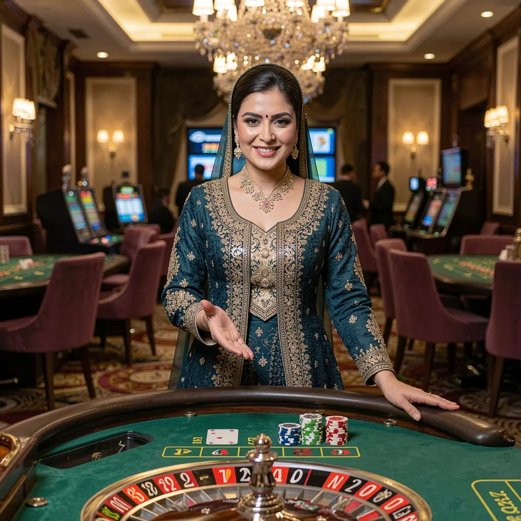 Elegant casino host at a luxury roulette table with golden decorations and a welcoming gesture representing the premium live casino experience on Hl309 for players in Pakistan