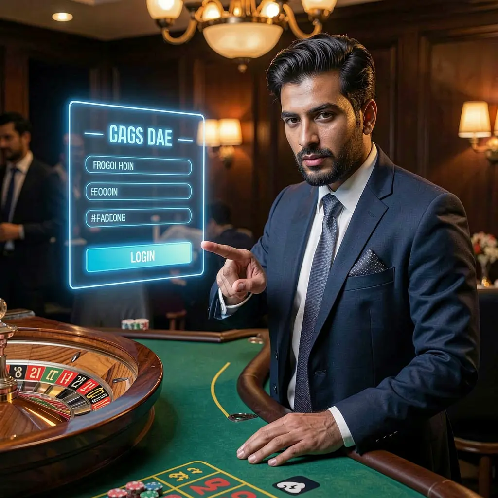 Professional Hl309 casino dealer from Pakistan interacting with a futuristic holographic login panel above a glowing roulette table