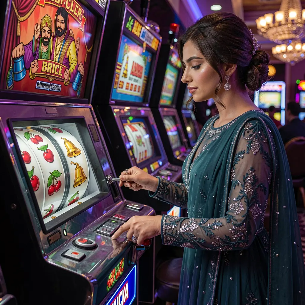 Close up view of a modern slot machine with bright symbols and digital displays representing the high quality slot games available at Hl309 casino for Pakistan